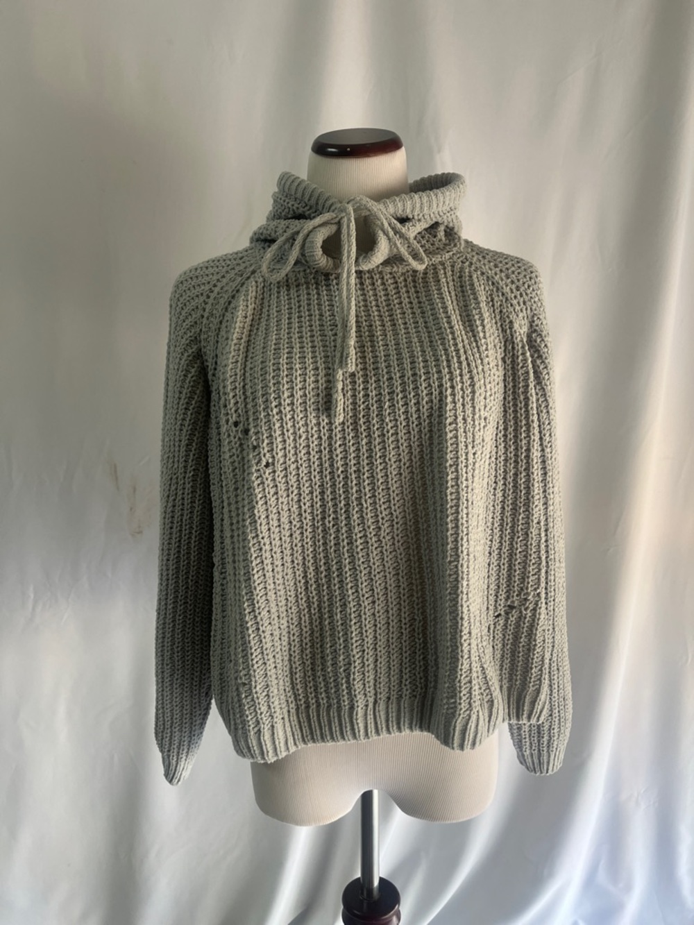 True Craft Light Blue-grey Knit Drawstring Hoodie Sweater